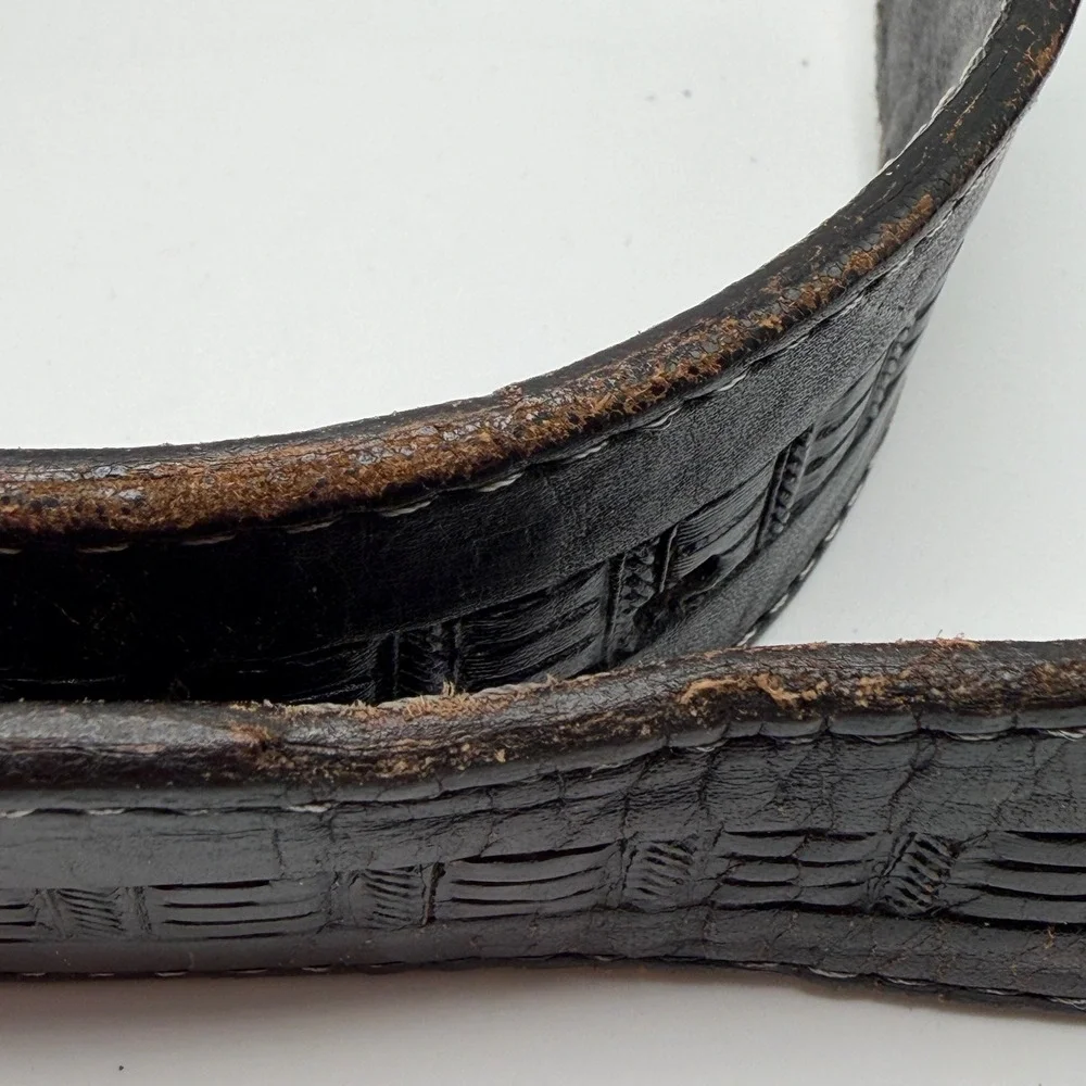 Vintage Black Leather Embossed Belt Size 50 Distressed White Stitch Workwear